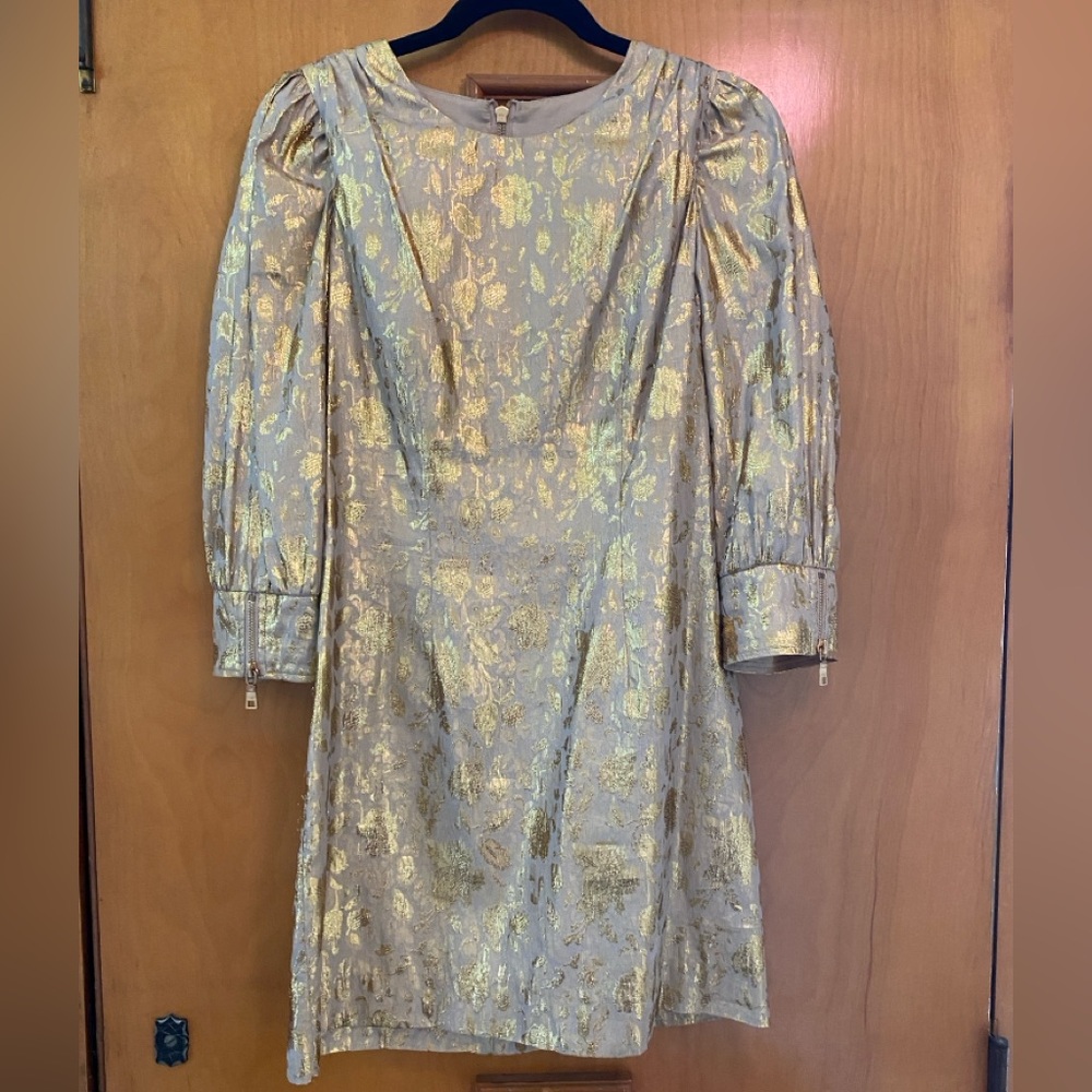 Andrew Marc Gold Brocade Mini Cocktail Dress with Metallic Accents